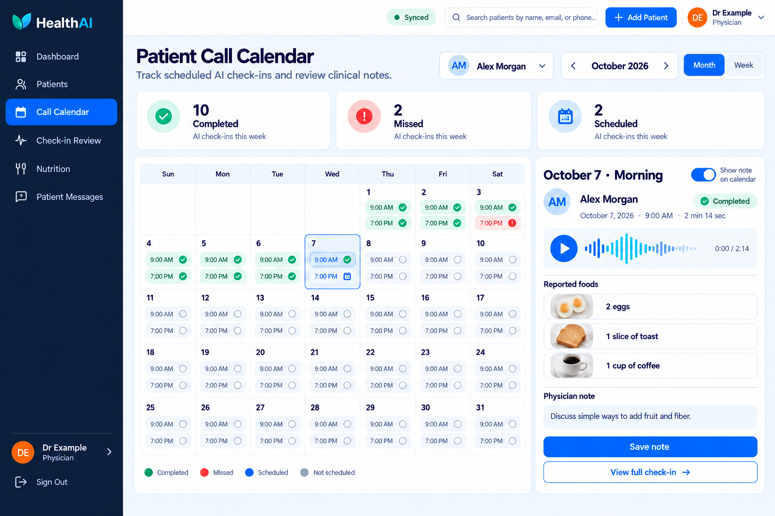 Patient Call Calendar, October 2026.