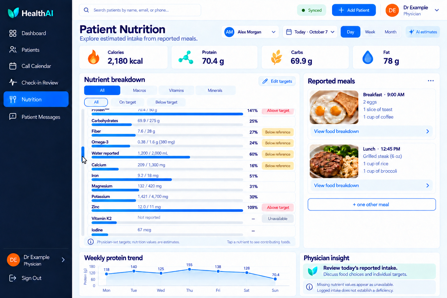 Patient Nutrition with the nutrient list held at its current scroll position.