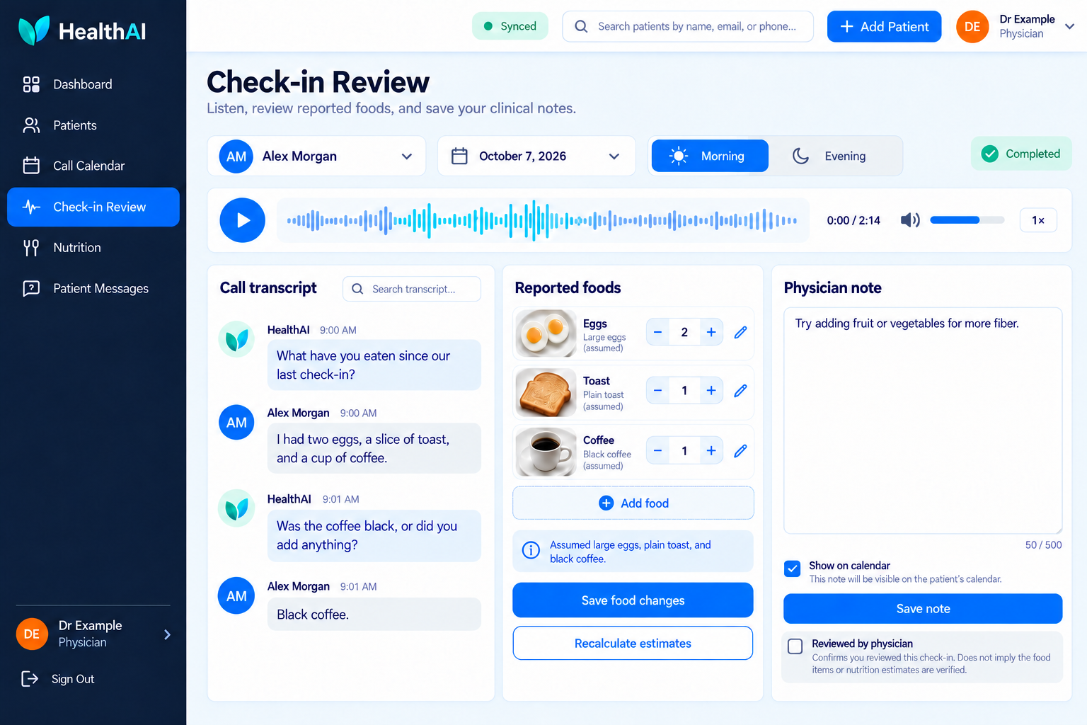 Check-in Review with call transcript, reported foods, and Physician note.